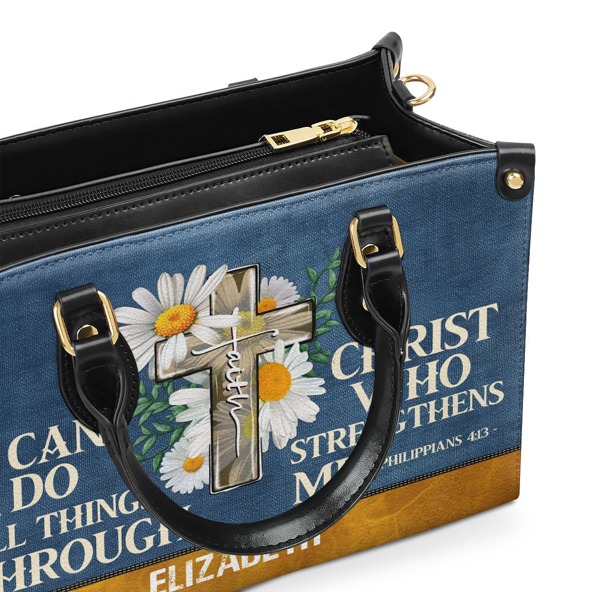 Personalized Christian Leather Handbag, I Can Do All Things Through Christ Philippians 4:13 Purse with Cross & Daisies, Gift for Women BLAF34